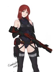 Rule 34 | 1girl, ammunition belt, armor, belt pouch, black gloves, black leotard, black thighhighs, commentary, commission, corrupted twitter file, covered navel, elbow gloves, english commentary, english text, gloves, gun, head tilt, highleg, highleg leotard, highres, holding, holding gun, holding weapon, leotard, long hair, looking at viewer, original, pouch, red eyes, red hair, seilindekos, shotgun, simple background, smile, solo, thigh pouch, thighhighs, weapon, weapon request, white background