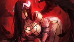 Rule 34 | 1girl, albedo (overlord), bent over, black hair, breasts, china dress, chinese clothes, cleavage, downblouse, dress, gradient background, hanging breasts, highres, hip vent, horns, iorlvm, long hair, overlord (maruyama), parted lips, red background, saliva, saliva trail, solo, wings, yellow eyes