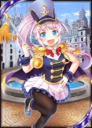 Rule 34 | 1girl, akkijin, band uniform, blue eyes, buttons, card (medium), frilled skirt, frills, jewelry, looking at viewer, marching band baton, open mouth, pantyhose, ponytail, purple eyes, red ribbon, ribbon, shinkai no valkyrie, skirt, smile, solo, star (symbol)
