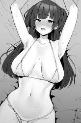 Rule 34 | 1girl, absurdres, alternate breast size, areola slip, armpits, arms up, bikini, blunt bangs, blush, breasts, collarbone, commentary, covered erect nipples, greyscale, groin, highres, hotate-chan, idolmaster, idolmaster shiny colors, large breasts, long hair, looking at viewer, lower teeth only, lying, mayuzumi fuyuko, monochrome, navel, on back, open mouth, raised eyebrows, solo, string bikini, sweat, swimsuit, teeth, tongue