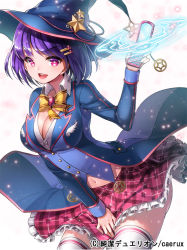 Rule 34 | 1girl, :d, aile (crossroads), bent over, bob cut, breasts, cellphone, circle skirt, cleavage, copyright name, covering privates, covering crotch, hair ornament, hairclip, hanakage lycee, hat, junketsu duelion, large breasts, leaning forward, magic circle, navel, official art, open mouth, phone, pink eyes, plaid, plaid skirt, pleated skirt, purple hair, short hair, skirt, smile, solo, star-shaped pupils, star (symbol), symbol-shaped pupils, thighhighs, white thighhighs, witch hat