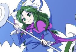 Rule 34 | 1girl, blue dress, blue headwear, blue wings, cape, closed mouth, dress, green eyes, green hair, itani illust, long hair, long sleeves, looking at viewer, mima (touhou), parted bangs, purple cape, simple background, solo, staff, star (symbol), star print, sun print, touhou, touhou (pc-98), upper body, white background, wings