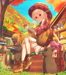 Rule 34 | 1girl, aiuabo, albino, animal, autumn, autumn leaves, bag, band, barn, bear, bird, black cat, boots, bottle, braid, brown footwear, building, cat, commentary request, crossed legs, day, drum, drum set, guitar, highres, instrument, long hair, long sleeves, looking at animal, md5 mismatch, original, outdoors, plaid, plaid headwear, plaid shirt, pleated skirt, porcupine, red eyes, resolution mismatch, ribbon-trimmed skirt, ribbon trim, shirt, sidelocks, sitting, skirt, smile, source larger, twin braids, very long hair, white hair, white skirt