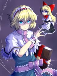 Rule 34 | 1girl, alice margatroid, apron, arm up, black dress, blonde hair, blue background, blue dress, blue eyes, book, bow, bright pupils, capelet, commentary request, dress, floating, gradient background, grimoire of alice, hair between eyes, hair bow, hairband, holding, holding book, jewelry, lolita hairband, long hair, looking at viewer, neck ribbon, nonopomu, pink ribbon, puppet rings, puppet strings, ribbon, ring, sash, scowl, shanghai doll, short hair, short sleeves, simple background, solo, standing, touhou, upper body, v arms, very long hair, waist apron, white capelet, wrist cuffs