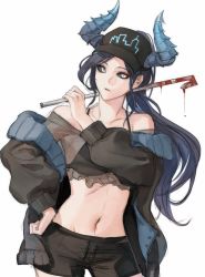 Rule 34 | 1girl, bare shoulders, black bra, black hair, black hat, black jacket, black sclera, black shorts, blood, bloody weapon, blue hair, blue horns, blue jacket, bra, closed mouth, collarbone, colored sclera, commentary request, contrapposto, copyright request, cowboy shot, crop top, crowbar, grey eyes, hand on own hip, hand up, hat, holding, holding crowbar, horns, jacket, long hair, long sleeves, looking at viewer, navel, off shoulder, open clothes, open jacket, over shoulder, ponytail, see-through, short shorts, shorts, simple background, slit pupils, solo, stomach, tanu0706, underwear, weapon, weapon over shoulder, white background