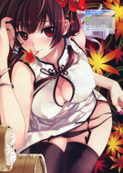 Rule 34 | 1girl, absurdres, bamboo steamer, baozi, black thighhighs, blush, bracelet, breasts, brown hair, china dress, chinese clothes, cleavage, cleavage cutout, clothing cutout, covered erect nipples, dengeki daiou, dress, female focus, fingernails, flower, food, garter straps, hair flower, hair ornament, highres, jewelry, large breasts, leaf, leaning forward, looking at viewer, lowleg, lowleg panties, lying, meatbuns, misaki kurehito, mouth hold, nail polish, panties, pink nails, red eyes, shameimaru aya, side-tie panties, side slit, solo, team shanghai alice, thighhighs, touhou, underwear, undressing, untied, untying