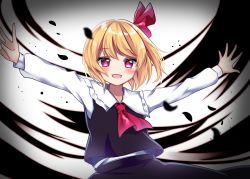 Rule 34 | 1girl, :d, ascot, bad id, bad twitter id, black skirt, black vest, blonde hair, blurry, blurry foreground, blush, commentary request, darkness, depth of field, frilled shirt collar, frills, hair between eyes, heart, heart-shaped pupils, highres, long sleeves, looking at viewer, one-hour drawing challenge, open mouth, outstretched arms, puffy sleeves, purple eyes, red ascot, rumia, shinonome asu, short hair, skirt, smile, solo, swept bangs, symbol-shaped pupils, touhou, upper body, vest, vignetting