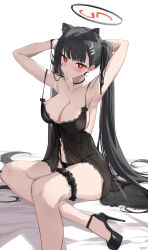 Rule 34 | 1girl, animal ear fluff, animal ears, armpits, arms up, babydoll, bare arms, bare shoulders, black choker, black footwear, black hair, blue archive, blush, breasts, bridal garter, cat ears, choker, cleavage, commentary, commentary request, english commentary, feint721, high heels, highres, holding, holding own hair, large breasts, long hair, looking at viewer, red eyes, rio (blue archive), simple background, sitting, solo, spaghetti strap, thighs, twintails, very long hair, white background