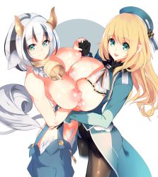 Rule 34 | 10s, 2girls, animal ears, animal print, ass, asymmetrical docking, atago (kancolle), bare shoulders, bell, blonde hair, bottomless, breast press, breasts, breasts out, cow ears, cow girl, cow print, cow tail, cowbell, crossover, fur, gloves, green eyes, highres, holstaur (monster girl encyclopedia), horns, huge breasts, kantai collection, large breasts, long hair, looking at viewer, monster girl, monster girl encyclopedia, multiple girls, nipples, open mouth, overalls, oxykoma, pantyhose, puffy nipples, revealing clothes, shiny skin, silver hair, simple background, sleeveless, smile, symmetrical docking, tail