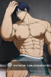 Rule 34 | 1boy, abs, alternate muscle size, bara, blue hair, boku no hero academia, boxers, bulge, chalkboard, classroom, covered penis, cowboy shot, dark blue hair, expressionless, glasses, green male underwear, grey male underwear, hand in own hair, hydaria, iida tenya, large pectorals, looking at viewer, male focus, male underwear, multicolored male underwear, muscular, muscular male, navel, nipples, paid reward available, pectorals, short hair, solo, stomach, thick thighs, thighs, topless male, underwear, watermark