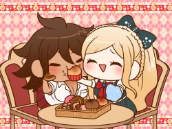 2girls ^_^ argyle_background bare_arms basket belt black_eyes blonde_hair blue_brooch bow bowtie braid breasts brown_hair buttons checkerboard_cookie chibi cleavage closed_eyes collared_shirt commentary_request cookie crown_braid crumbs danganronpa_(series) danganronpa_2:_goodbye_despair dark-skinned_female dark_skin doughnut eyelashes feeding food full_body green_bow green_skirt green_vest hair_bow handkerchief holding holding_food holding_handkerchief large_breasts leaning_forward light_blush long_hair messy_hair miniskirt muffin multiple_girls on_chair open_mouth owari_akane pale_skin pink_background pleated_skirt pocket puffy_short_sleeves puffy_sleeves red_bow red_bowtie red_skirt shirt short_sleeves sitting skirt skirt_set smile solid_oval_eyes sonia_nevermind studded_belt table triangle_mouth very_long_hair vest white_belt white_shirt yumaru_(marumarumaru)