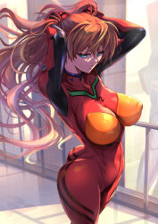 Rule 34 | 1girl, alternate breast size, arms behind head, arms up, ass, blue eyes, bodysuit, breasts, brown hair, city, covered navel, curvy, floating hair, hairpods, highres, huge ass, interface headset, kawaraya a-ta, large breasts, long hair, narrow waist, neon genesis evangelion, parted lips, pilot suit, plugsuit, red bodysuit, shiny clothes, sky, solo, souryuu asuka langley, tsundere, twintails, very long hair, wide hips