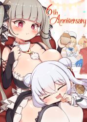 Rule 34 | 4girls, :t, absurdres, azur lane, between breasts, blonde hair, blurry, blurry background, blush, breasts, bright pupils, cape, capelet, chewing, chibi, cleavage, closed eyes, closed mouth, commentary request, cookie, crown, cup, cupcake, double bun, dress, eating, english text, eyepatch, food, formidable (azur lane), gothic lolita, grey hair, hair bun, hat, highres, holding, holding cup, lap pillow, large breasts, le malin (azur lane), le terrible (azur lane), le triomphant (azur lane), lolita fashion, long hair, looking at another, multiple girls, nanashino kihei, open mouth, red cape, red eyes, short hair, smile, sweatdrop, tea, teacup, thick thighs, thighs, very long hair, white capelet, white dress, white hair, white headwear, white pupils