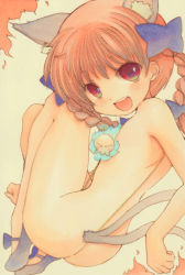 Rule 34 | 1girl, animal ears, ass, back, ballpoint pen (medium), blush, bow, braid, cat ears, cat tail, commentary request, covering privates, covering breasts, fire, flat chest, hair bow, hair ornament, highres, kaenbyou rin, looking at viewer, looking back, marker (medium), mary janes, multiple tails, nekomata, nib pen (medium), nishina masato, open mouth, red eyes, red hair, shoes, simple background, skull, slingshot swimsuit, smile, solo, swimsuit, tail, teeth, touhou, traditional media, twin braids, upper teeth only