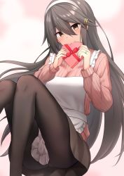 Rule 34 | 1girl, akahi242, apron, black hair, black pantyhose, black skirt, blush, box, breasts, closed mouth, feet out of frame, gift, gift box, hair between eyes, hair ornament, hairband, hairclip, haruna (kancolle), heart-shaped box, highres, holding, holding gift, jewelry, kantai collection, large breasts, long hair, pantyhose, pink sweater, ribbed sweater, ring, skirt, smile, solo, sweater, valentine, wedding band, white apron, white hairband, yellow eyes