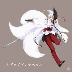 Rule 34 | 1girl, animal ears, belt, cigar, fang, female focus, fox ears, fox tail, gun, highres, kisaragi yuki (sora saki), multicolored hair, multiple tails, open mouth, original, simple background, solo, sword, tail, tongue, traditional clothes, weapon, yellow eyes