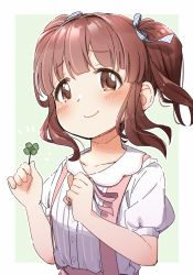 Rule 34 | 1girl, blue bow, blush, bow, brown eyes, brown hair, closed mouth, clover, collarbone, collared shirt, dress shirt, four-leaf clover, green background, hair bow, highres, holding, idolmaster, idolmaster cinderella girls, looking at viewer, neck ribbon, notice lines, ogata chieri, pink ribbon, pink skirt, polka dot, polka dot bow, puffy short sleeves, puffy sleeves, ribbon, shirt, short sleeves, skirt, smile, solo, suspender skirt, suspenders, twintails, two-tone background, white background, white shirt, yukie (kusaka shi)