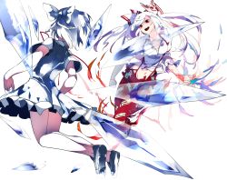 Rule 34 | 2girls, :d, battle, blue dress, blue eyes, blue hair, cirno, clenched hand, commentary request, dress, fire, from behind, fujiwara no mokou, hair ribbon, highres, ice, ice wings, ikurauni, loafers, looking at another, midriff, multiple girls, navel, ofuda, open hand, open mouth, open pants, pants, puffy short sleeves, puffy sleeves, red eyes, reflection, ribbon, shirt, shoes, short hair, short sleeves, simple background, smile, suspenders, teeth, torn clothes, torn sleeves, touhou, white background, white hair, white shirt, wings