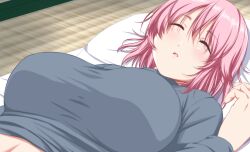 Rule 34 | 1girl, alternate costume, breasts, closed eyes, commentary, grey shirt, hair between eyes, highres, indoors, large breasts, long sleeves, lying, navel, nori tamago, on back, open mouth, pillow, pink hair, saigyouji yuyuko, shirt, short hair, sleeping, solo, symbol-only commentary, tatami, touhou, upper body