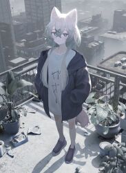 Rule 34 | 1girl, absurdres, animal ear fluff, animal ears, blue eyes, building, city, closed mouth, clothes writing, full body, gradient hair, grey hair, hair between eyes, hair ornament, hands in pockets, highres, indie virtual youtuber, jacket, long sleeves, looking at viewer, m. (emudotto), maga mitsuki, multicolored hair, open clothes, open jacket, outdoors, paper, plant, potted plant, railing, second-party source, shirt, shoes, short hair with long locks, solo, standing, t-shirt, tail, virtual youtuber, white hair, white shirt, wolf ears, wolf girl, wolf tail, x hair ornament