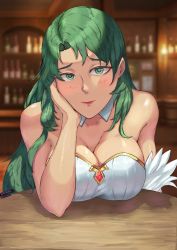 Rule 34 | 1girl, absurdres, bare shoulders, blush, cecilia (fire emblem), dress, fire emblem, fire emblem: the binding blade, green eyes, green hair, highres, lips, looking at viewer, nintendo, smile, solo, wedding dress