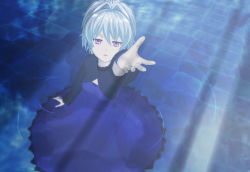 Rule 34 | 00s, 1girl, 3d, blue dress, blue theme, darker than black, dress, hokusen, outstretched arm, outstretched hand, purple eyes, reaching, reaching towards viewer, silver hair, solo, water, yin (darker than black)