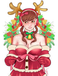 Rule 34 | 1girl, antlers, bad id, bad pixiv id, bare shoulders, bell, breasts, brown hair, christmas, cleavage, elbow gloves, gloves, horns, kusagami style, large breasts, lips, original, red gloves, reindeer antlers, ribbon, solo, white background