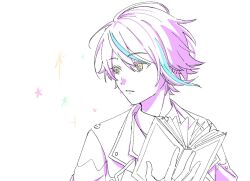 Rule 34 | 1boy, blue hair, book, collared shirt, commentary, holding, holding book, jacket, kamishiro rui, limited palette, looking to the side, male focus, multicolored hair, parted lips, project sekai, purple hair, shirt, solo, sparkle, streaked hair, symbol-only commentary, taro14 tea, upper body, wing collar, yellow eyes, yume no touchu kagayaku hoshitachi e (project sekai)