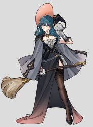 Rule 34 | 1girl, absurdres, animal, bird, blue eyes, blue hair, breasts, broom, byleth (female) (fire emblem), byleth (fire emblem), cleavage, commentary, commission, dress, fire emblem, fire emblem: three houses, full body, gloves, grey background, hair between eyes, hat, high heels, highres, holding, holding animal, holding broom, looking at viewer, medium breasts, mixed-language commentary, nintendo, owl, pixiv commission, silvercandy gum, simple background, solo, standing, thighhighs, watermark, witch hat