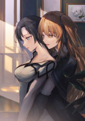 Rule 34 | 2girls, assault lily, bite mark, bite mark on neck, black capelet, black hair, black ribbon, black skirt, blue eyes, blurry, blurry foreground, blush, breasts, brown hair, capelet, collared shirt, commentary, detached sleeves, evening, flower, frilled sleeves, frills, hair flower, hair ornament, hair ribbon, hcl (hsiehdrew), heads together, heterochromia, hickey, high-waist skirt, highres, hug, hug from behind, indoors, kuo shenlin, light particles, light smile, long hair, looking ahead, looking at another, medium breasts, multiple girls, neck ribbon, off shoulder, one side up, parted lips, picture frame, pink eyes, plant, ribbon, school uniform, shade, shirt, short sleeves, single bare shoulder, skirt, standing, sunlight, tassel, tassel hair ornament, upper body, very long hair, wang yujia, white flower, white shirt, yellow eyes, yuri, yurigaoka girls academy school uniform