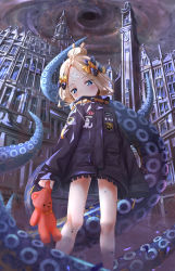 Rule 34 | 1girl, abigail williams (fate), abigail williams (traveling outfit) (fate), absurdres, black bow, black jacket, blonde hair, blue eyes, blush, bow, building, clock, clock tower, commentary request, covered mouth, crossed bandaids, day, fate/grand order, fate (series), hair bow, hair bun, head tilt, heroic spirit traveling outfit, highres, holding, holding stuffed toy, jacket, lightning, long hair, long sleeves, looking at viewer, official alternate costume, orange bow, outdoors, parted bangs, polka dot, polka dot bow, sakazakinchan, single hair bun, sleeves past fingers, sleeves past wrists, solo, standing, stuffed animal, stuffed toy, suction cups, teddy bear, tentacles, tower