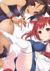 Rule 34 | 2girls, animal ears, azur lane, black hair, blue one-piece swimsuit, breasts, bubble, cat ears, clothing cutout, commentary request, dark-skinned female, dark skin, detached collar, dutch angle, eyes visible through hair, fang, fang out, from side, highres, i-19 (azur lane), i-26 (azur lane), looking at viewer, multiple girls, no shoes, one-piece swimsuit, open mouth, p answer, rabbit ears, red hair, school uniform, simple background, sitting, smile, strapless, strapless one-piece swimsuit, swimsuit, tail, tail through clothes, thighhighs, thighs, white background, white legwear