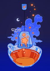 Rule 34 | artist name, bad id, bad twitter id, black background, blue background, crescent moon, cup, dripping, english text, gradient background, meyoco, moon, no humans, original, see-through, star (symbol), steam, teabag, teacup