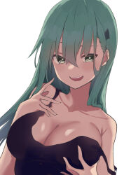 Rule 34 | 1girl, absurdres, alternate costume, aqua hair, black tank top, breasts, cleavage, collarbone, good meat day, green eyes, hair ornament, hairclip, highres, kantai collection, lanthan, large breasts, long hair, open mouth, simple background, solo, strap slip, suzuya (kancolle), tank top, teeth, upper body, upper teeth only, white background