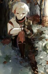 Rule 34 | 1boy, armor, bandaged hand, bandages, black gloves, commentary, fingerless gloves, forest, genshin impact, gloves, highres, holding, holding leaf, japanese armor, japanese clothes, kaedehara kazuha, leaf, male focus, multicolored hair, nature, outdoors, red eyes, red hair, ripples, solo, streaked hair, symbol-only commentary, tehettenandayo, tree, water, water drop, wet, wet hair, white hair