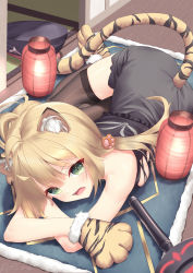 Rule 34 | 1girl, absurdres, ahoge, animal ears, animal hands, artoria caster (fate), artoria pendragon (fate), beret, blonde hair, blue carpet, blue hat, breasts, carpet, excalibur morgan (fate), fate/grand order, fate (series), flashlight, fur, fur trim, gloves, green eyes, hat, highres, long hair, looking at viewer, open mouth, ornament, panties, pantyshot, paw gloves, raimeso235, small breasts, smile, solo, sword, tail, teeth, tiger, tiger tail, underwear, weapon