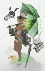Rule 34 | 1girl, adapted costume, bare shoulders, black umbrella, blonde hair, breasts, checkered flag, closed umbrella, clover, dark-skinned female, dark skin, flag, four-leaf clover, full body, green umbrella, guilty gear, guilty gear xrd, hair between eyes, highres, holding, holding flag, holding umbrella, long hair, long sleeves, looking at viewer, lucifero (guilty gear), magehound, medium breasts, midriff, navel, orange eyes, race queen, ramlethal valentine, short shorts, shorts, standing, thigh strap, umbrella, white footwear, white headwear, white shorts, white umbrella, youmicitrustea