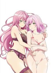 2girls blush bra flare_arlgrande_jioral green_eyes kaifuku_jutsushi_no_yarinaoshi_~sokushi_mahou_to_skill_copy_no_chouetsu_heal~ multiple_girls norn_clatalissa_jioral official_art panties pink_hair smile underwear