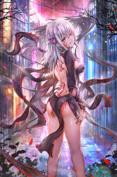 Rule 34 | 1girl, ass, back, bare legs, breasts, building, commentary request, dark sakura, facial mark, fate/stay night, fate (series), feet out of frame, hair ribbon, head tilt, heaven&#039;s feel, highres, long hair, looking at viewer, looking back, luminous, matou sakura, medium breasts, outdoors, parted lips, pelvic curtain, rain, red eyes, revealing clothes, ribbon, sidelocks, solo, standing, tattoo, thighs, water, white hair
