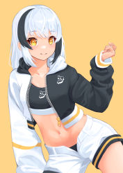 Rule 34 | 1girl, absurdres, asymmetrical clothes, black bra, black hair, black jacket, black panties, bra, closed mouth, collarbone, drawp 125, highres, hood, hood down, hooded jacket, jacket, long hair, long sleeves, midriff, multicolored hair, navel, open clothes, open shorts, original, panties, short shorts, shorts, silver hair, simple background, sleeves past wrists, smile, solo, sports bra, stomach, straight hair, two-tone hair, underwear, white jacket, white shorts, yellow background, yellow eyes