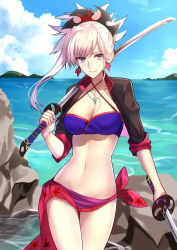 Rule 34 | 1girl, adapted costume, asymmetrical bangs, bikini, black jacket, blue bikini, blue eyes, blue sky, breasts, cleavage, cowboy shot, criss-cross halter, cropped jacket, day, dual wielding, earrings, fate/grand order, fate (series), halterneck, highres, hip focus, holding, horizon, jacket, jewelry, katana, leaf print, looking at viewer, magatama, magatama necklace, medium breasts, miyamoto musashi (fate), navel, necklace, open clothes, open jacket, outdoors, over shoulder, pink hair, sarong, see-through, shigure s, short ponytail, single sidelock, sky, smile, solo, swimsuit, sword, thighs, weapon, weapon over shoulder