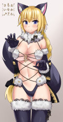 Rule 34 | 1girl, animal ears, artist name, blue eyes, blue gloves, blue panties, blue thighhighs, blush, braid, breasts, cat ears, claw pose, closed mouth, cosplay, cowboy shot, cowfee, elbow gloves, fate/apocrypha, fate (series), fingernails, fur collar, fur trim, gloves, grey background, highres, jeanne d&#039;arc (fate), jeanne d&#039;arc (ruler) (fate), large breasts, long hair, looking at viewer, mash kyrielight, mash kyrielight (dangerous beast), mash kyrielight (dangerous beast) (cosplay), navel, official alternate costume, panties, revealing clothes, sharp fingernails, signature, simple background, single braid, smile, solo, standing, tail, thighhighs, underwear, very long hair, wolf ears, wolf tail