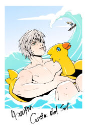 Rule 34 | aged down, blonde hair, blue eyes, blue male underwear, blue sky, bright pupils, buster sword, chocobo, cloud, cloud strife, commentary, day, duck innertube, english commentary, english text, final fantasy, final fantasy vii, final fantasy vii ever crisis, green eyes, grey hair, in water, knees up, male underwear, no nipples, ocean, parted lips, pectorals, sephiroth, short hair, sky, smile, spiked hair, surfing, sword surfing, time paradox, tongueeeeeee, topless male, underwear, water, waves, wet