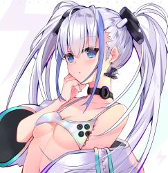 Rule 34 | 1girl, bare shoulders, bikini, bikini top only, blue eyes, breasts, choker, cleavage, collarbone, earrings, game console, grey jacket, hair ornament, hand up, highres, jacket, jewelry, long hair, looking at viewer, mole, mole on breast, multicolored hair, nail polish, navel, off shoulder, open clothes, open jacket, original, parted lips, personification, playstation 5, sidelocks, silver hair, small breasts, solo, stomach, streaked hair, swimsuit, twintails, upper body, usagihime, white background, wide sleeves