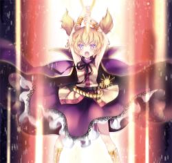 Rule 34 | 1girl, armpits, arms up, bad id, bad pixiv id, belt, bracelet, cape, dress, glowing, hopeless masquerade, jewelry, light brown hair, light particles, light trail, looking at viewer, lots of jewelry, mikazuki sara, open mouth, own hands together, pointy hair, purple eyes, ribbon, short hair, sleeveless, sleeveless dress, solo, sword, touhou, toyosatomimi no miko, weapon, wind, wind lift