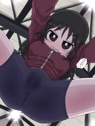 Rule 34 | 1girl, black hair, blush, clenched teeth, female focus, fukuro (fxxk law), fxxk law, long hair, looking at viewer, looking down, pussy juice, pussy juice stain, shorts, solo, spread legs, teeth, wet, wet clothes