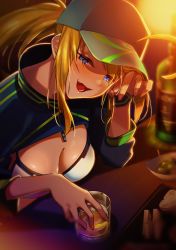 Rule 34 | 1girl, absurdres, ahoge, alcohol, artoria pendragon (fate), baseball cap, bikini, blonde hair, blue eyes, blue hat, blue jacket, blush, breasts, cleavage, cropped jacket, cup, drinking glass, fate/grand order, fate (series), hair between eyes, hair through headwear, hat, highres, jacket, large breasts, liquor, long hair, long sleeves, looking at viewer, mysterious heroine x (fate), mysterious heroine xx (fate), open mouth, ponytail, shrug (clothing), sidelocks, smile, solo, suppa (hagakuresuppa), swimsuit, white bikini, wristband