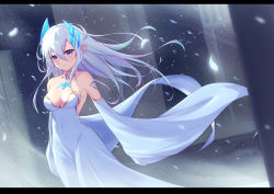 Rule 34 | 1girl, bare shoulders, breasts, cleavage, cocoablue23, commentary request, covered navel, detached sleeves, dress, hair between eyes, hair ornament, highres, letterboxed, long hair, looking at viewer, medium breasts, original, petals, pink eyes, pointy ears, sleeves past wrists, solo, white dress, white hair, wide sleeves