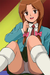 Rule 34 | 1girl, :d, blazer, bow, breasts, brown hair, clenched hand, collared shirt, crotch, green skirt, hair bow, happy, haruyama kazunori, illumina, jacket, kneehighs, knees up, long hair, miniskirt, necktie, open clothes, open jacket, open mouth, panties, pantyshot, pink bow, pleated skirt, red necktie, school uniform, shirt, sidelocks, sitting, skirt, small breasts, smile, socks, solo, transformers, transformers: victory, transformers victory, twintails, underwear, upskirt, white panties, white socks