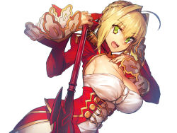 Rule 34 | 10s, 1girl, :d, aestus estus, ahoge, armpits, blonde hair, breasts, cleavage, commentary request, dress, epaulettes, fate/extella, fate/extra, fate (series), green eyes, hair intakes, hair ribbon, juliet sleeves, large breasts, long sleeves, looking at viewer, melon22, nero claudius (fate), nero claudius (fate), nero claudius (fate/extra), open mouth, puffy sleeves, red dress, red ribbon, ribbon, short hair, sideboob, smile, solo, sword, upper body, weapon